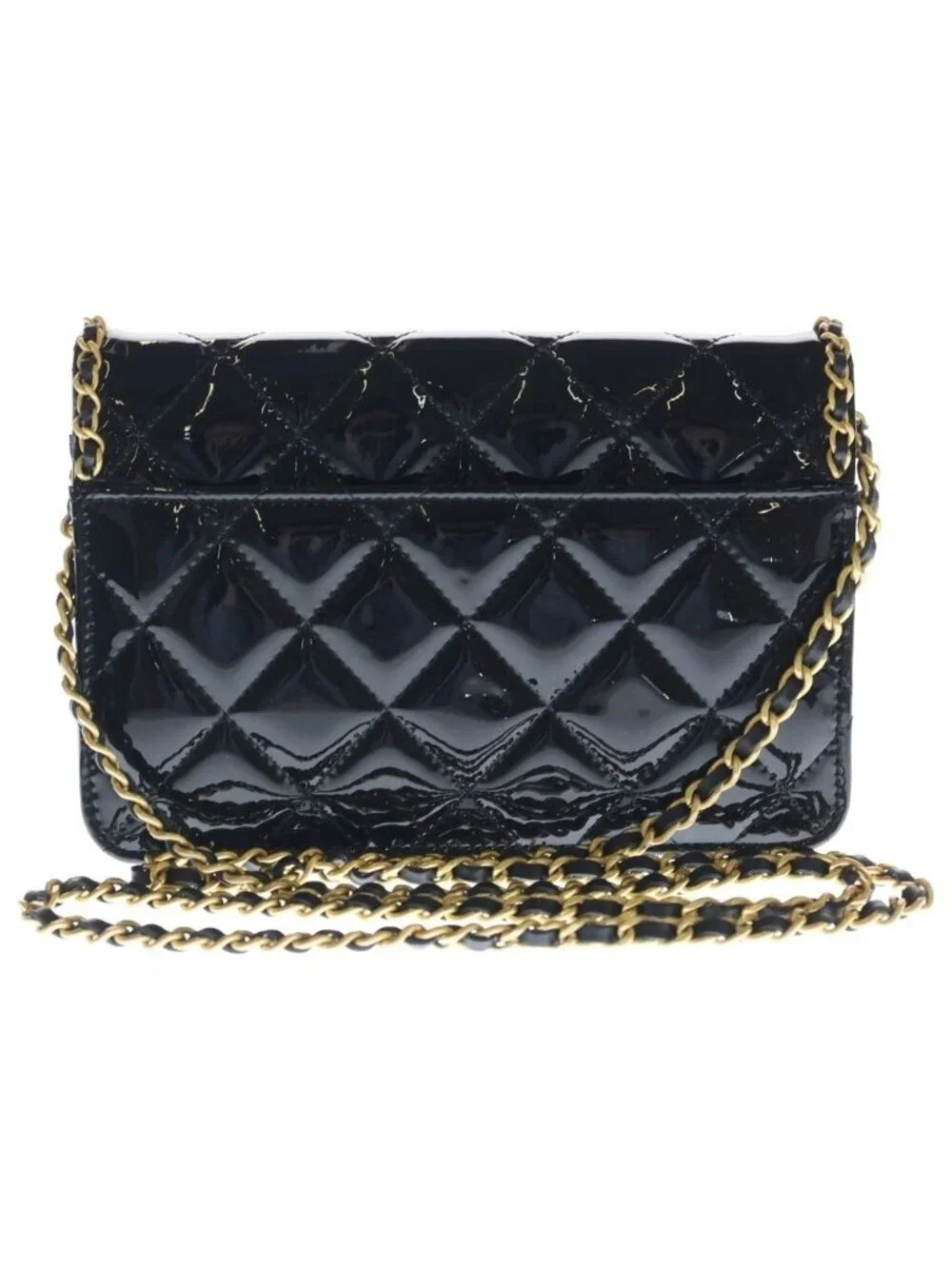 Chanel Quilted Patent Heart Chain Mini Shoulder Bag Black Gold
